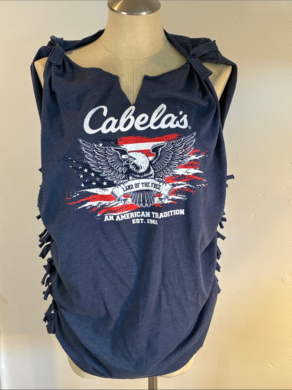 Cabela's upcycled western country concert fringe side knot blue tank top size L